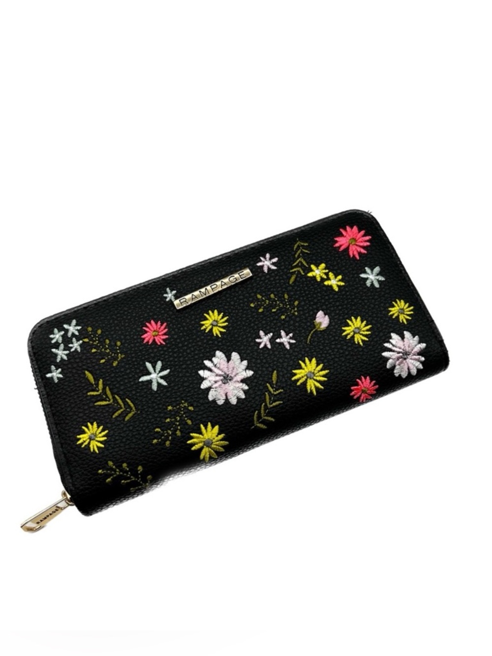 Rampage Black Embroidered Flowers Long Zip-Around Wallet NWOT Fits ProMax Phones